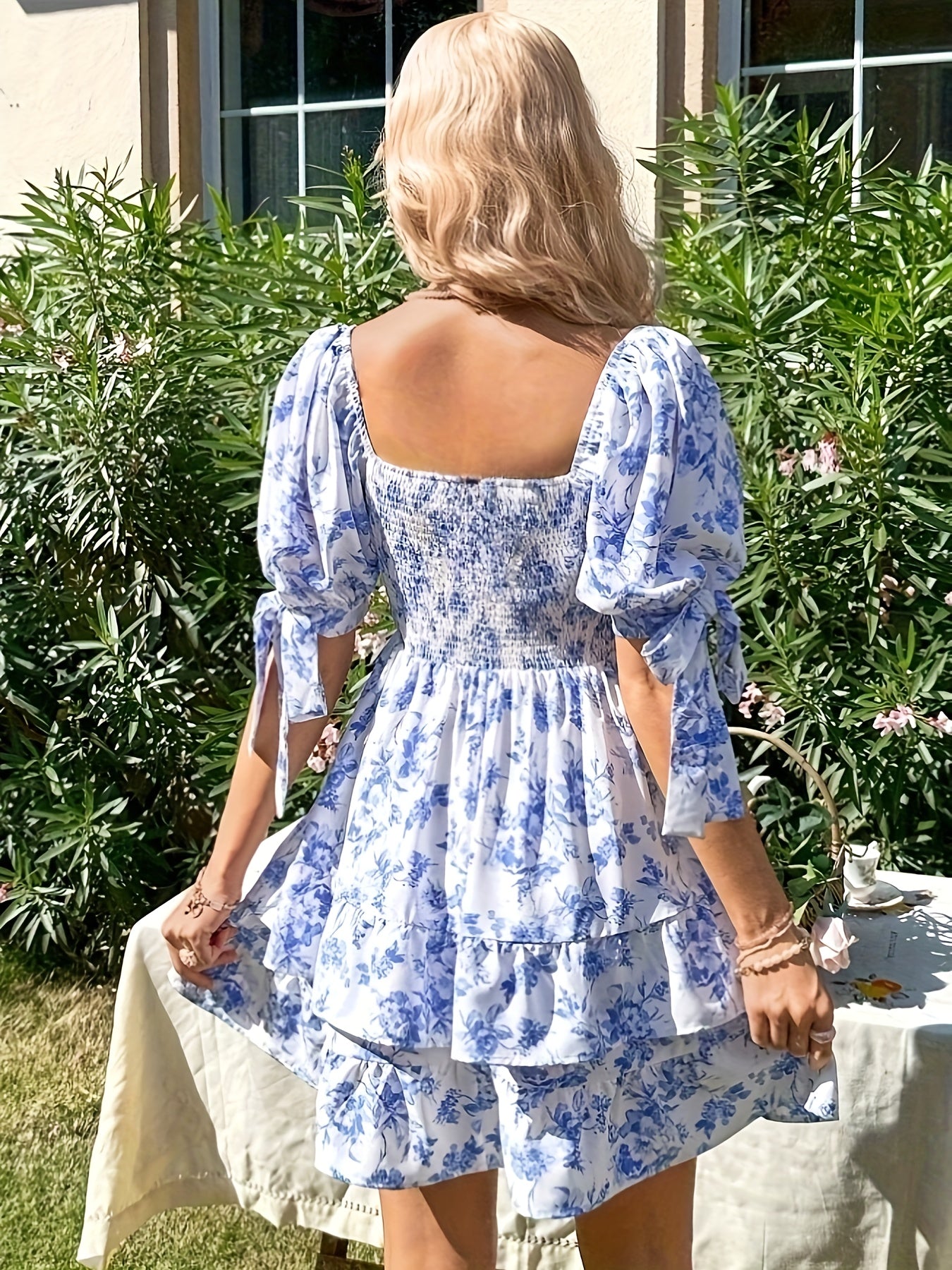 Floral Print Square Neck Dress, Elegant Ruffle Hem Puff Sleeve Dress For Spring & Summer, Women's Clothing
